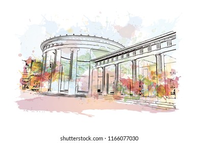 Building with landmark of Aachen City in Germany. Watercolor splash with Hand drawn sketch illustration in vector.