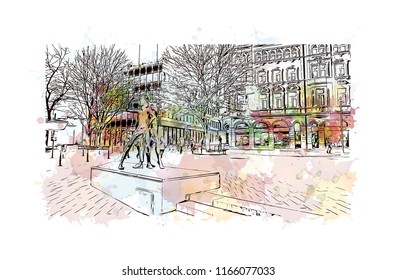 Building with landmark of Aachen City in Germany. Watercolor splash with Hand drawn sketch illustration in vector.