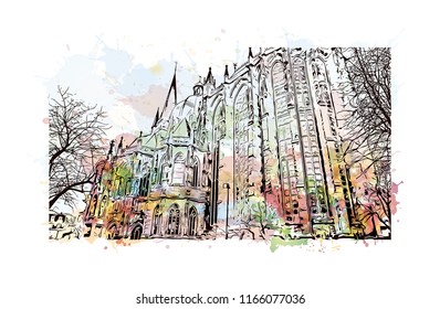 Building with landmark of Aachen City in Germany. Watercolor splash with Hand drawn sketch illustration in vector.