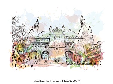 Building with landmark of Aachen City in Germany. Watercolor splash with Hand drawn sketch illustration in vector.