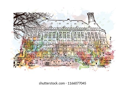 Building with landmark of Aachen City in Germany. Watercolor splash with Hand drawn sketch illustration in vector.