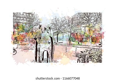 Building with landmark of Aachen City in Germany. Watercolor splash with Hand drawn sketch illustration in vector.