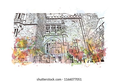 Building with landmark of Aachen City in Germany. Watercolor splash with Hand drawn sketch illustration in vector.