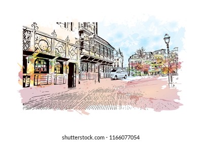 Building with landmark of Aachen City in Germany. Watercolor splash with Hand drawn sketch illustration in vector.