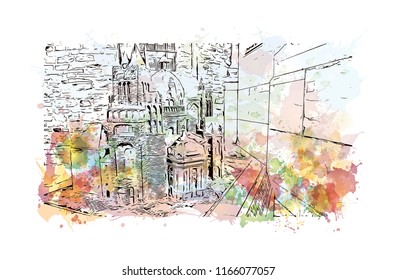 Building with landmark of Aachen City in Germany. Watercolor splash with Hand drawn sketch illustration in vector.