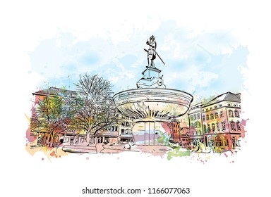 Building with landmark of Aachen City in Germany. Watercolor splash with Hand drawn sketch illustration in vector.