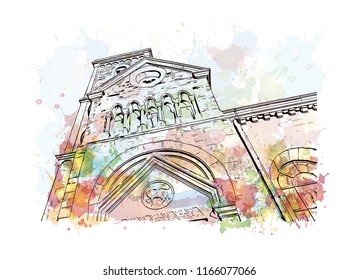 Building with landmark of Aachen City in Germany. Watercolor splash with Hand drawn sketch illustration in vector.