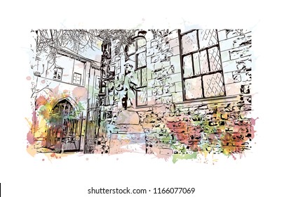 Building with landmark of Aachen City in Germany. Watercolor splash with Hand drawn sketch illustration in vector.