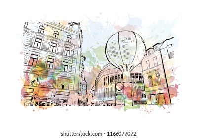 Building with landmark of Aachen City in Germany. Watercolor splash with Hand drawn sketch illustration in vector.