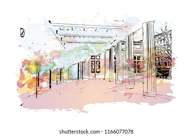 Building with landmark of Aachen City in Germany. Watercolor splash with Hand drawn sketch illustration in vector.