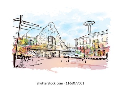 Building with landmark of Aachen City in Germany. Watercolor splash with Hand drawn sketch illustration in vector.