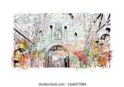 Building with landmark of Aachen City in Germany. Watercolor splash with Hand drawn sketch illustration in vector.