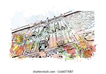 Building with landmark of Aachen City in Germany. Watercolor splash with Hand drawn sketch illustration in vector.