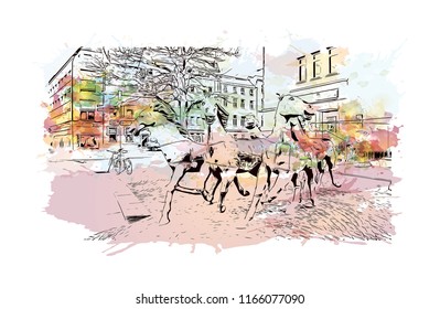 Building with landmark of Aachen City in Germany. Watercolor splash with Hand drawn sketch illustration in vector.