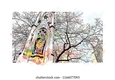 Building with landmark of Aachen City in Germany. Watercolor splash with Hand drawn sketch illustration in vector.