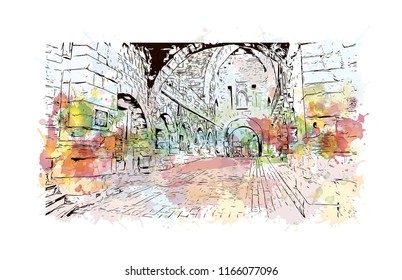 Building with landmark of Aachen City in Germany. Watercolor splash with Hand drawn sketch illustration in vector.