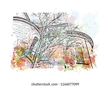 Building with landmark of Aachen City in Germany. Watercolor splash with Hand drawn sketch illustration in vector.