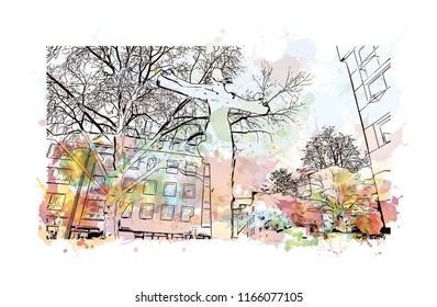 Building with landmark of Aachen City in Germany. Watercolor splash with Hand drawn sketch illustration in vector.