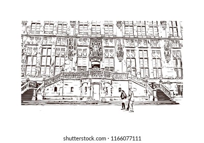 Building with landmark of Aachen City in Germany. Hand drawn sketch illustration in vector.