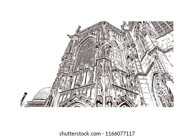 Building with landmark of Aachen City in Germany. Hand drawn sketch illustration in vector.