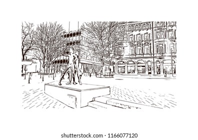 Building with landmark of Aachen City in Germany. Hand drawn sketch illustration in vector.