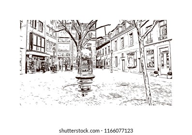 Building with landmark of Aachen City in Germany. Hand drawn sketch illustration in vector.