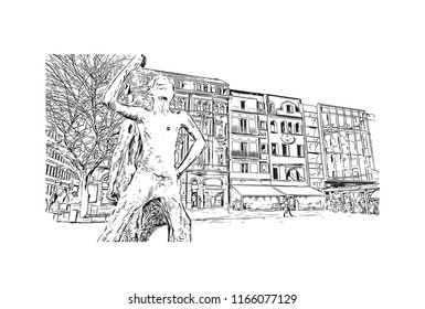 Building with landmark of Aachen City in Germany. Hand drawn sketch illustration in vector.