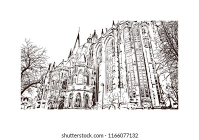 Building with landmark of Aachen City in Germany. Hand drawn sketch illustration in vector.