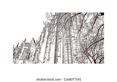 Building with landmark of Aachen City in Germany. Hand drawn sketch illustration in vector.