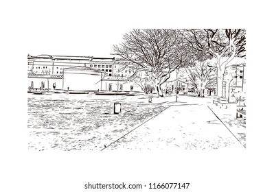 Building with landmark of Aachen City in Germany. Hand drawn sketch illustration in vector.