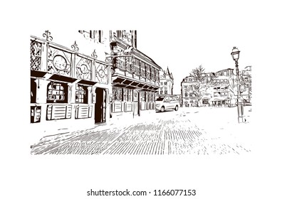 Building with landmark of Aachen City in Germany. Hand drawn sketch illustration in vector. svg