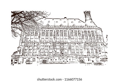 Building with landmark of Aachen City in Germany. Hand drawn sketch illustration in vector.