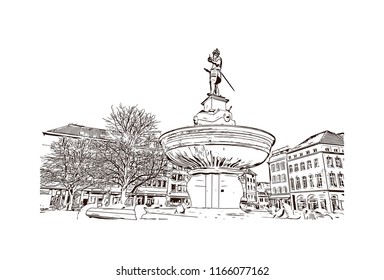 Building with landmark of Aachen City in Germany. Hand drawn sketch illustration in vector.