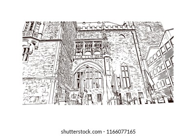 Building with landmark of Aachen City in Germany. Hand drawn sketch illustration in vector.