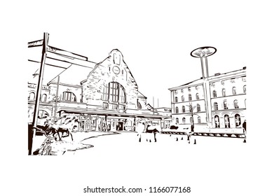 Building with landmark of Aachen City in Germany. Hand drawn sketch illustration in vector.