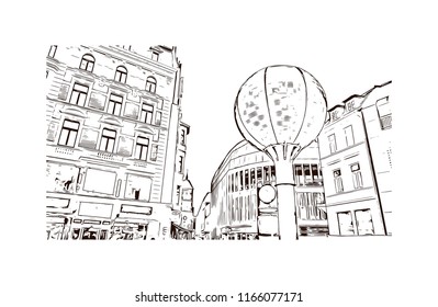 Building with landmark of Aachen City in Germany. Hand drawn sketch illustration in vector.