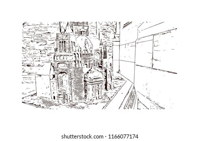 Building with landmark of Aachen City in Germany. Hand drawn sketch illustration in vector.