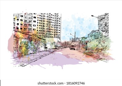 Building with landmark of Aracaju is the capital of the State of Sergipe. Watercolor splash with hand drawn sketch illustration in vector.