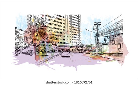 Building with landmark of Aracaju is the capital of the State of Sergipe. Watercolor splash with hand drawn sketch illustration in vector.