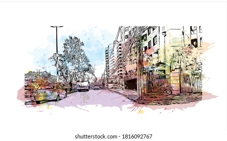 Building with landmark of Aracaju is the capital of the State of Sergipe. Watercolor splash with hand drawn sketch illustration in vector.