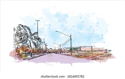 Building with landmark of Aracaju is the capital of the State of Sergipe. Watercolor splash with hand drawn sketch illustration in vector.