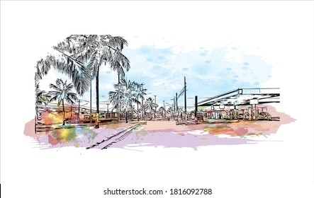 Building with landmark of Aracaju is the capital of the State of Sergipe. Watercolor splash with hand drawn sketch illustration in vector.