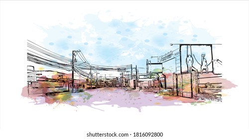 Building with landmark of Aracaju is the capital of the State of Sergipe. Watercolor splash with hand drawn sketch illustration in vector.