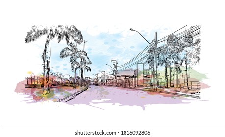 Building with landmark of Aracaju is the capital of the State of Sergipe. Watercolor splash with hand drawn sketch illustration in vector.