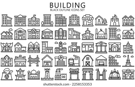 Aufbau und Wahrzeichen, schwarze Umrisssymbole gesetzt. enthalten wie Wohnung, Wohnsitz, Haus, Schule und mehr. Vektor EPS10 bereit konvertiert in SVG. Verwendung für modernes Konzept, UI oder UX Kit, Web und App.