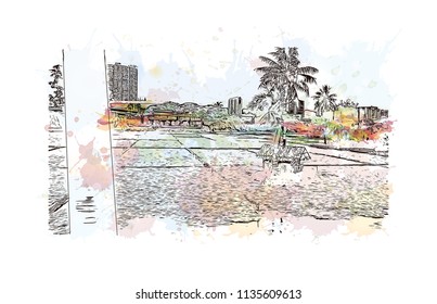 Building with landmark of Charleston, the South Carolina port city. Watercolor splash with Hand drawn sketch illustration in vector.