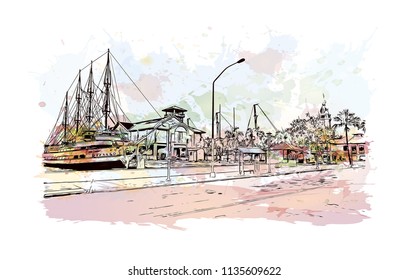 Building with landmark of Charleston, the South Carolina port city. Watercolor splash with Hand drawn sketch illustration in vector.