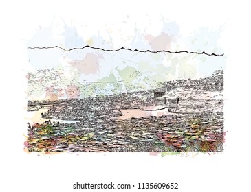 Building with landmark of Charleston, the South Carolina port city. Watercolor splash with Hand drawn sketch illustration in vector.