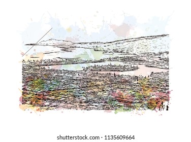 Building with landmark of Charleston, the South Carolina port city. Watercolor splash with Hand drawn sketch illustration in vector.