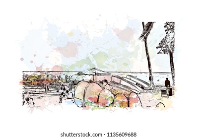 Building with landmark of Charleston, the South Carolina port city. Watercolor splash with Hand drawn sketch illustration in vector.